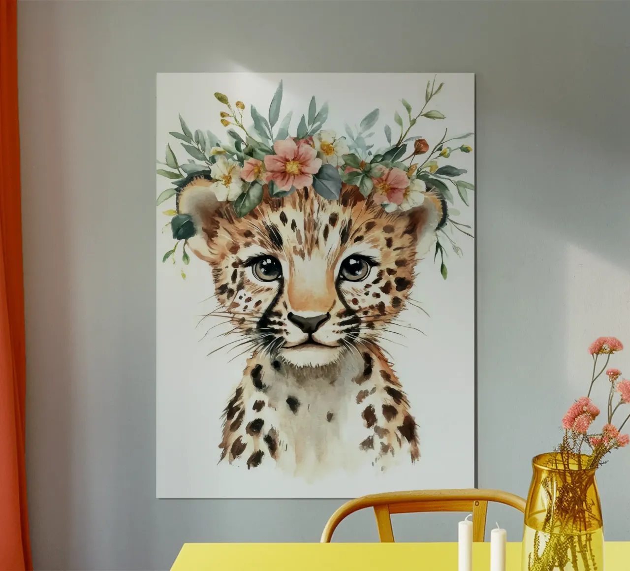 Cucciolo di leopardo con corona floreale poster con telaio in legno da Eldon S Kiser