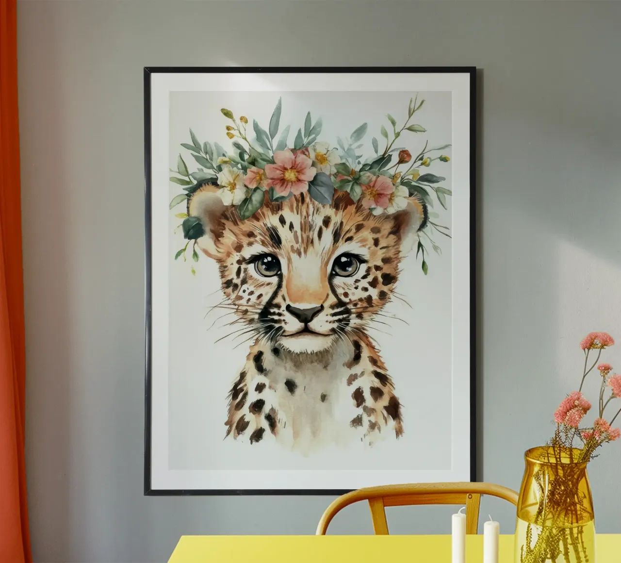Cucciolo di leopardo con corona floreale poster con telaio in legno da Eldon S Kiser