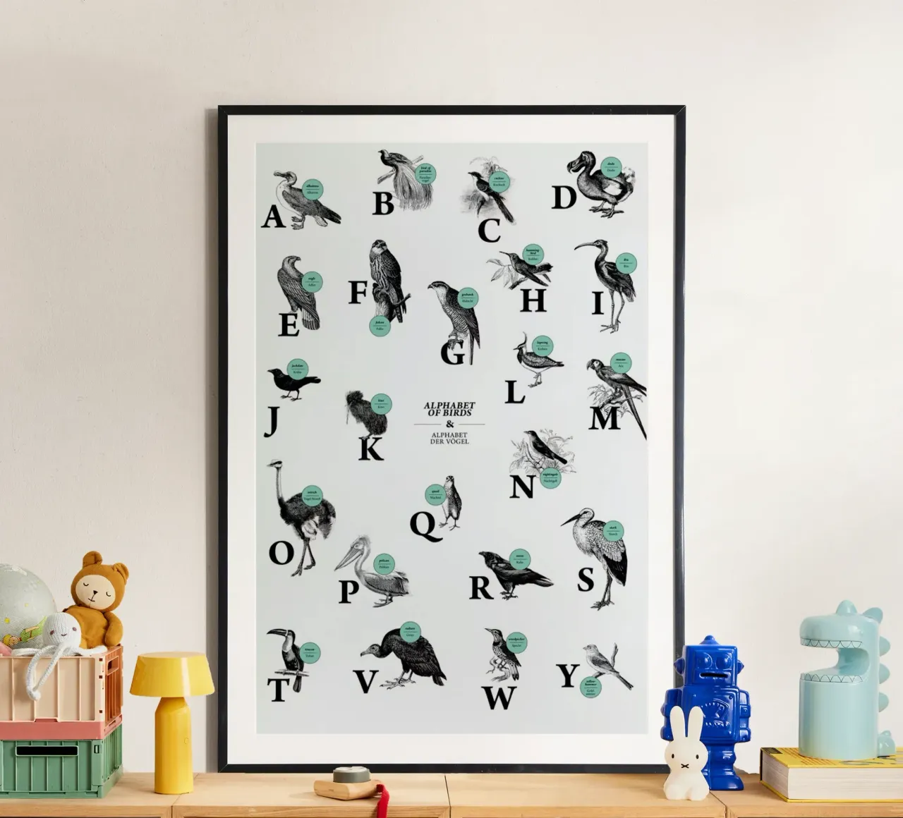 alphabet of birds, animal ABC poster con telaio in plastica da The True Type