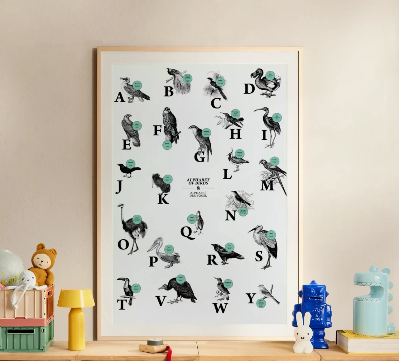 alphabet of birds, animal ABC poster con telaio in plastica da The True Type