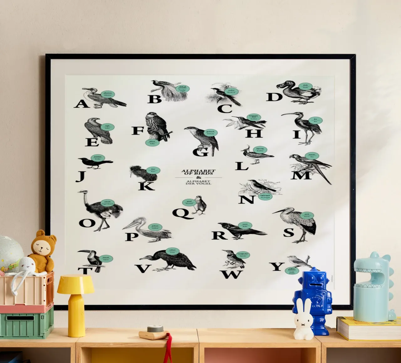 alphabet of birds, animal ABC poster con telaio in plastica da The True Type