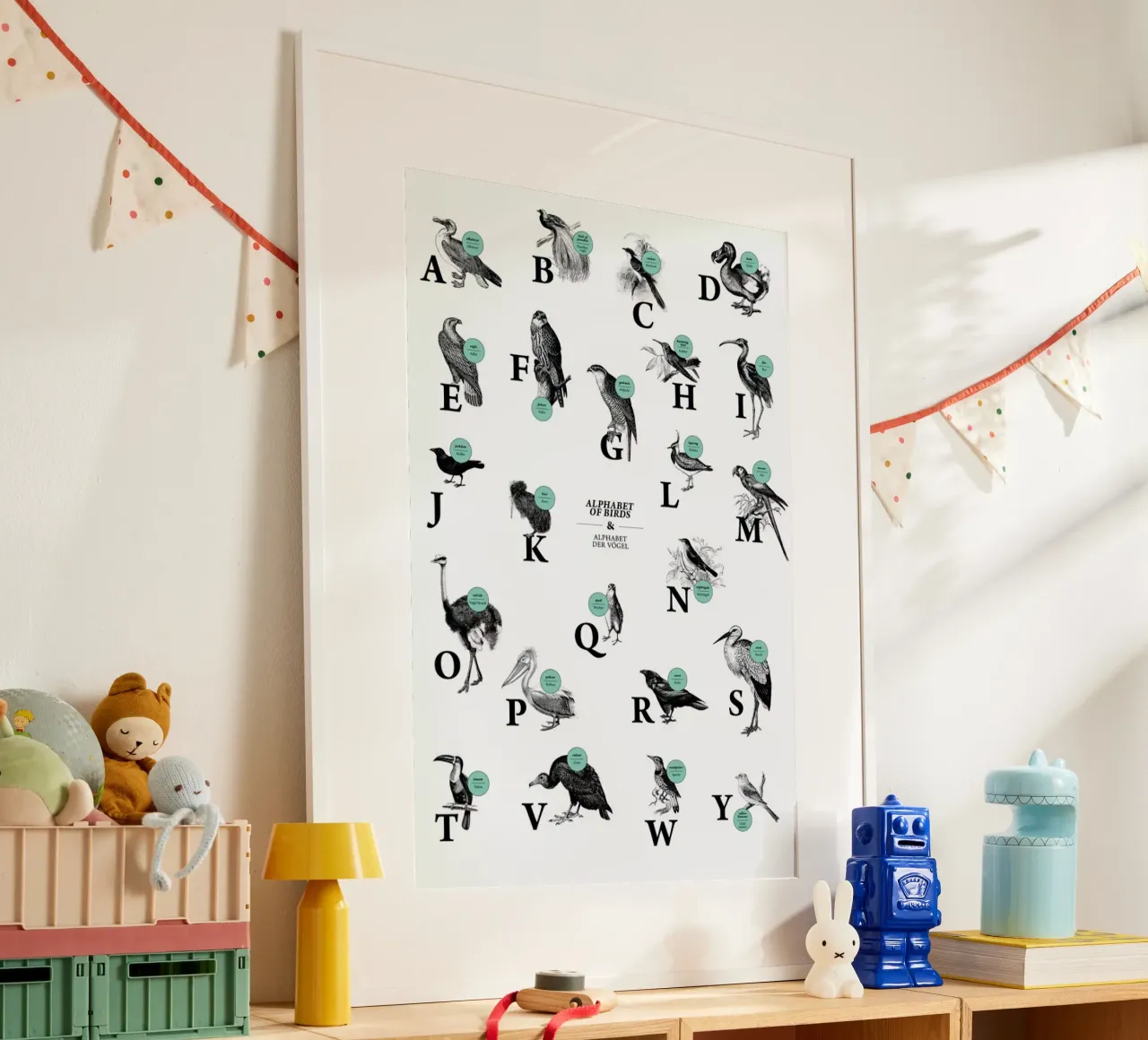 alphabet of birds, animal ABC poster con telaio in plastica da The True Type