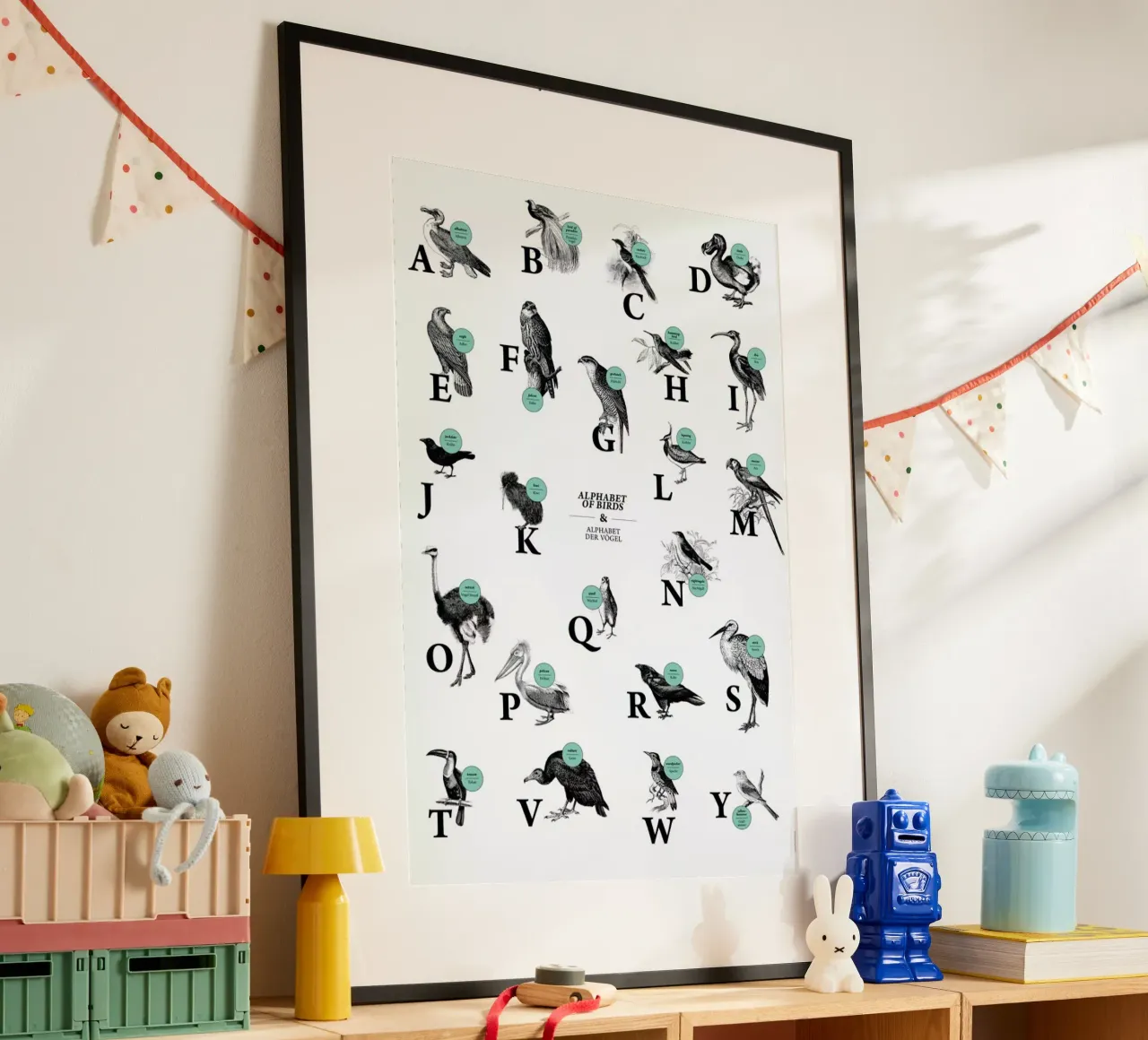 alphabet of birds, animal ABC poster con telaio in plastica da The True Type