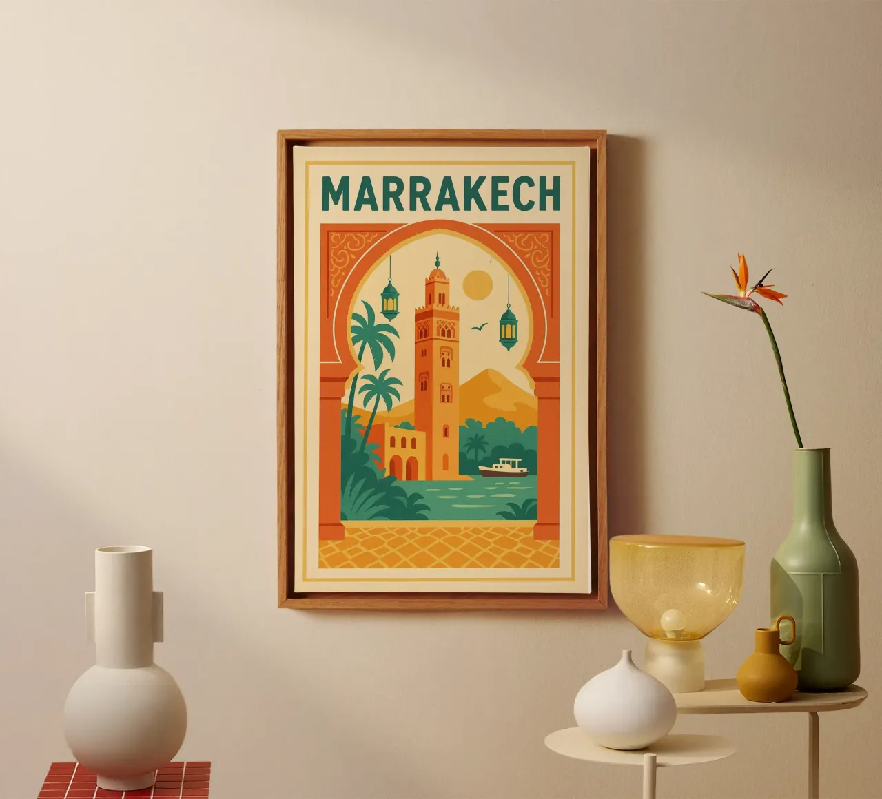 Affiche Marrakech – Poster rétro de la Koutoubia tela con Cornice a cassetta da JETLAG | affiches voyage