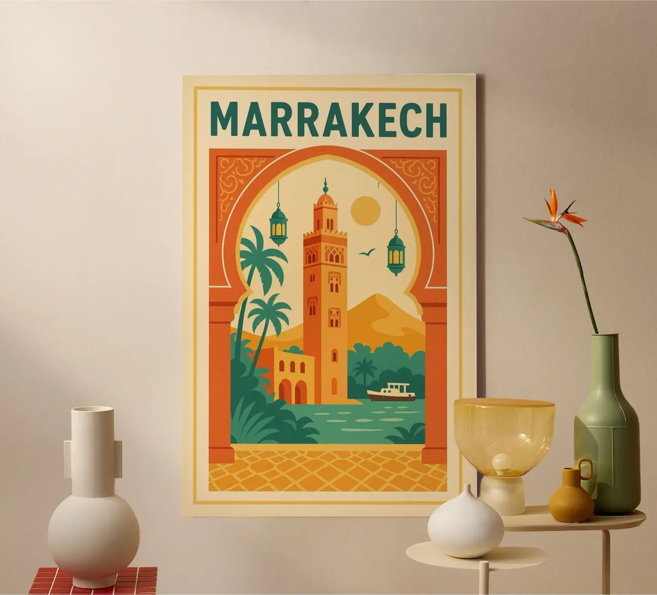Affiche Marrakech – Poster rétro de la Koutoubia tela con Cornice a cassetta da JETLAG | affiches voyage