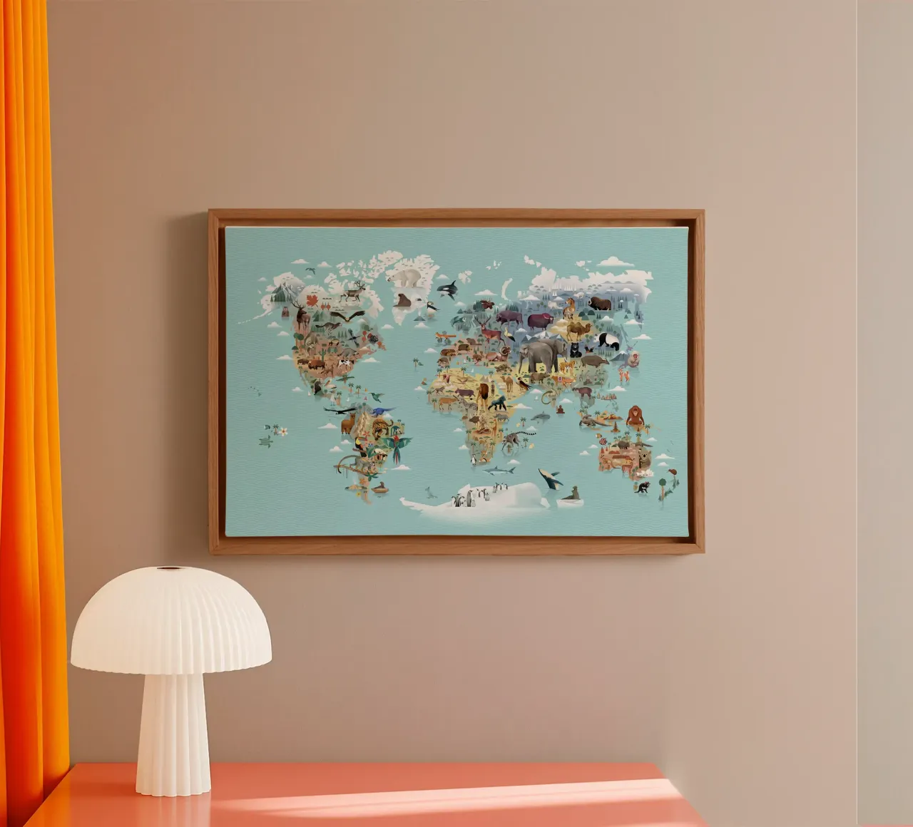 World Map of Animals canvas with Floater frame by Lyndamaps