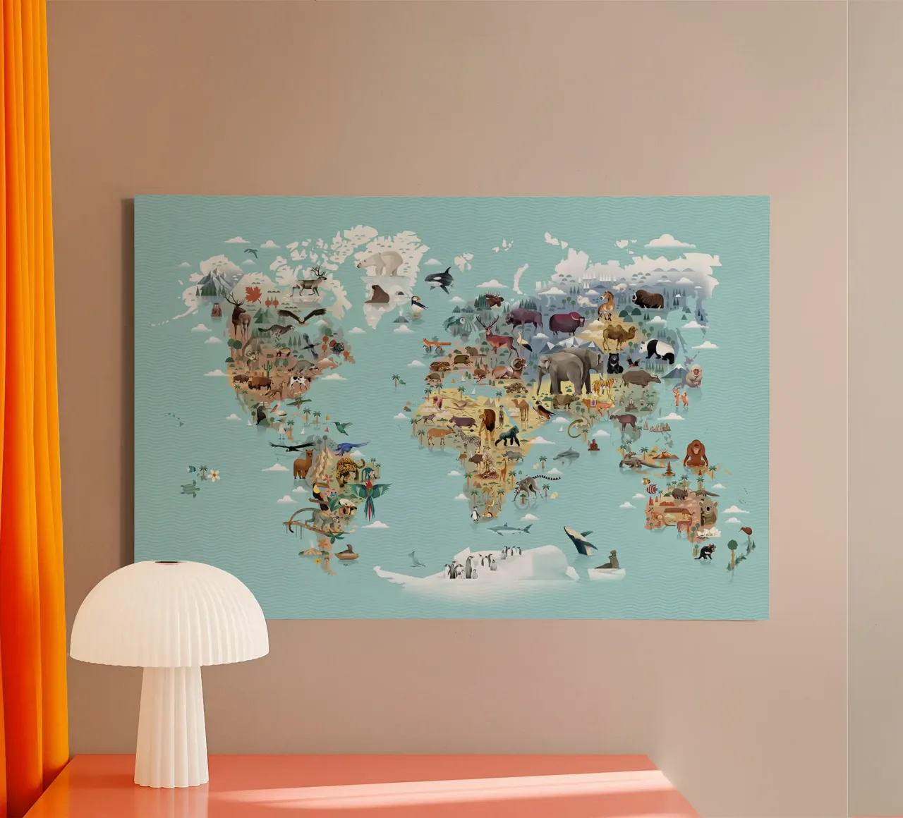 World Map of Animals canvas with Floater frame by Lyndamaps