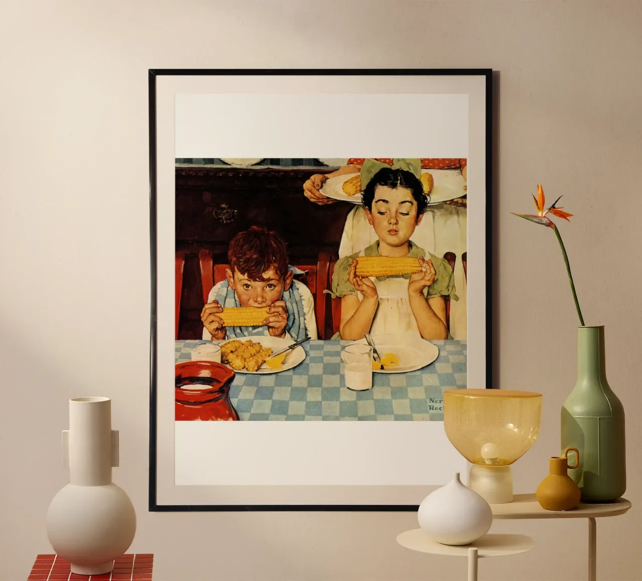 Norman Rockwell e l'età dell'oro del cibo classico poster con telaio in plastica da Freya Mitchell