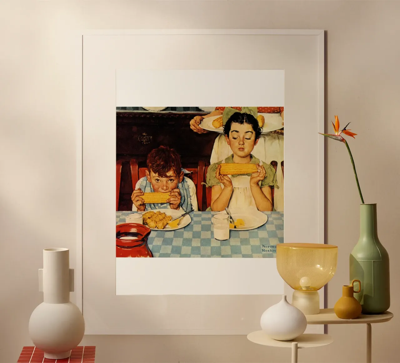 Norman Rockwell e l'età dell'oro del cibo classico poster con telaio in plastica da Freya Mitchell