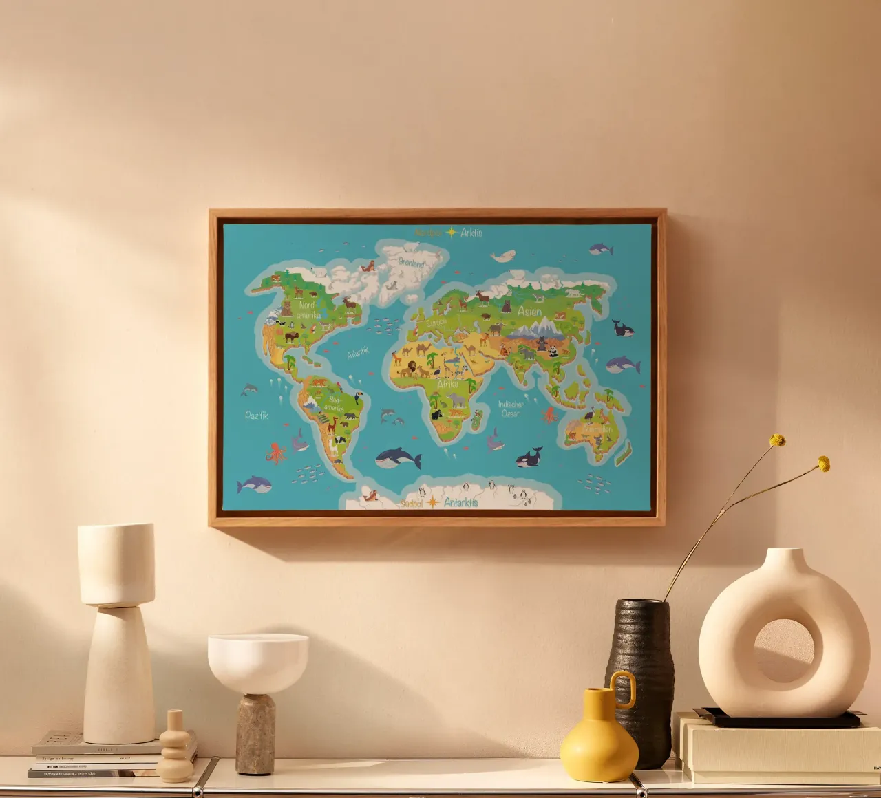 Mappa del mondo per bambini in tedesco tela con Cornice a cassetta da Lyndamaps
