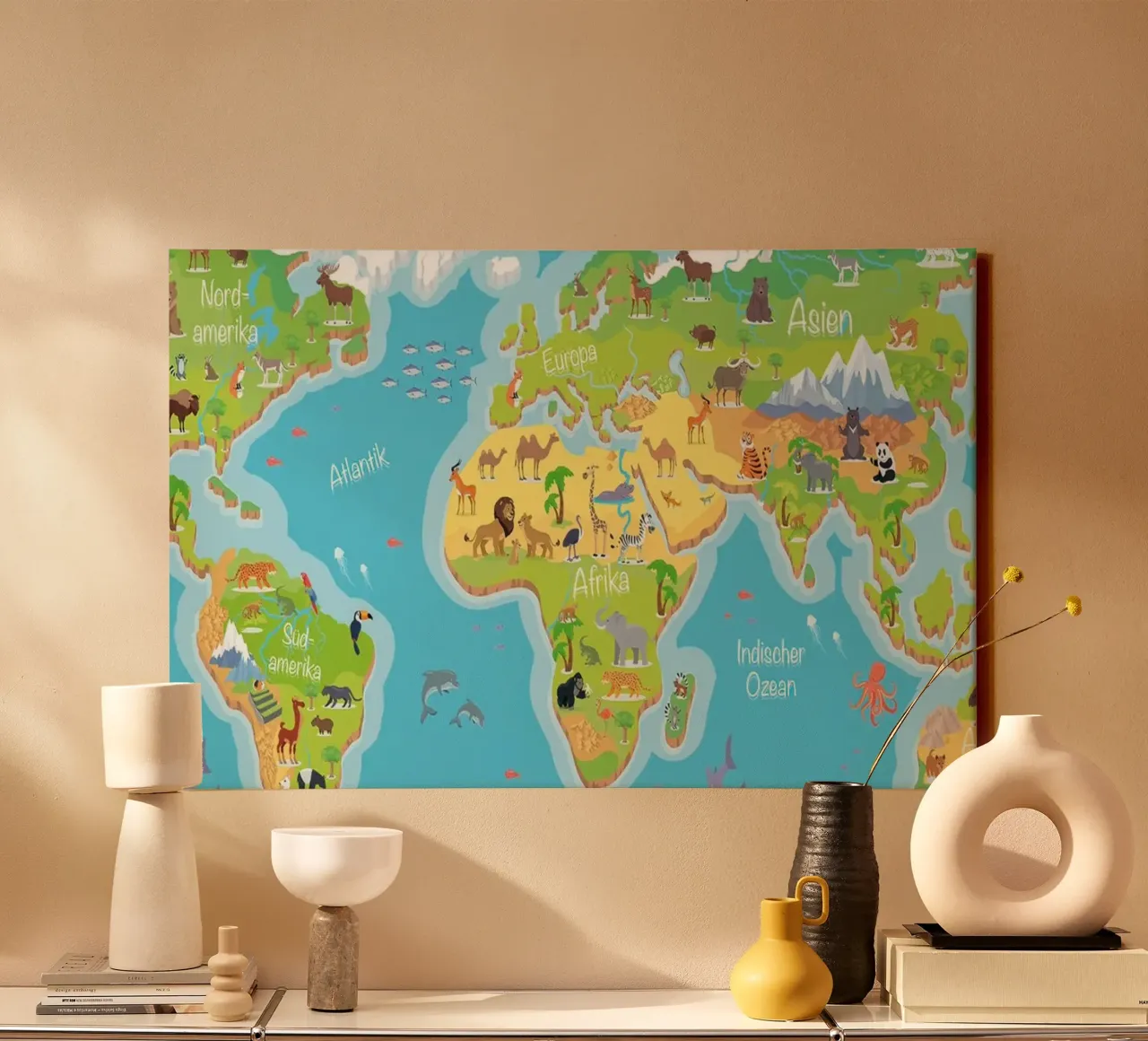 Mappa del mondo per bambini in tedesco tela con Cornice a cassetta da Lyndamaps