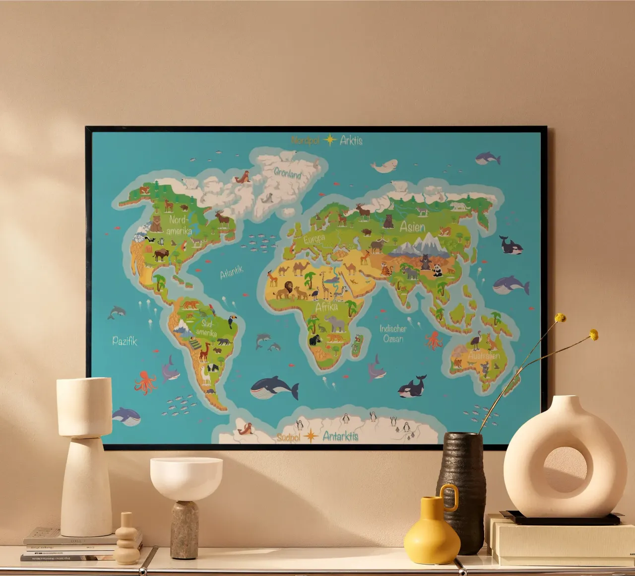 Mappa del mondo per bambini in tedesco poster con telaio in legno da Lyndamaps
