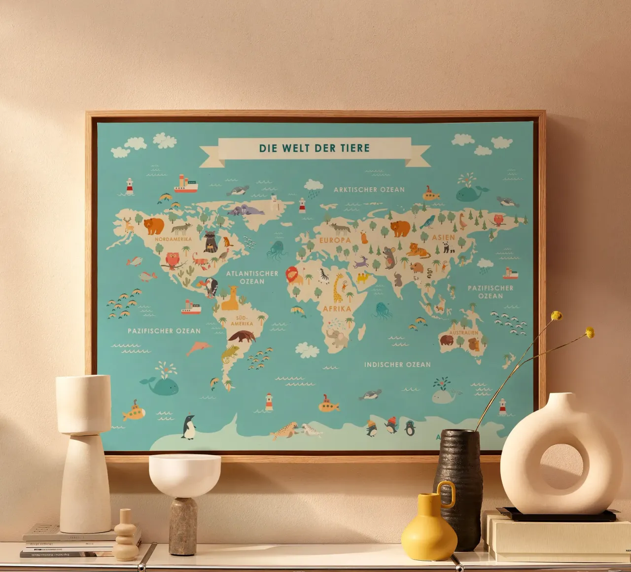 The world of animals maps German canvas with Floater frame by Lyndamaps