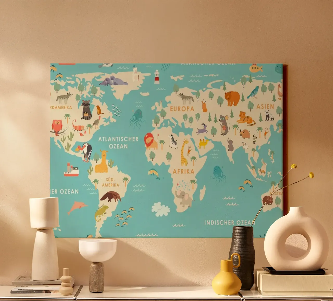 The world of animals maps German canvas with Floater frame by Lyndamaps