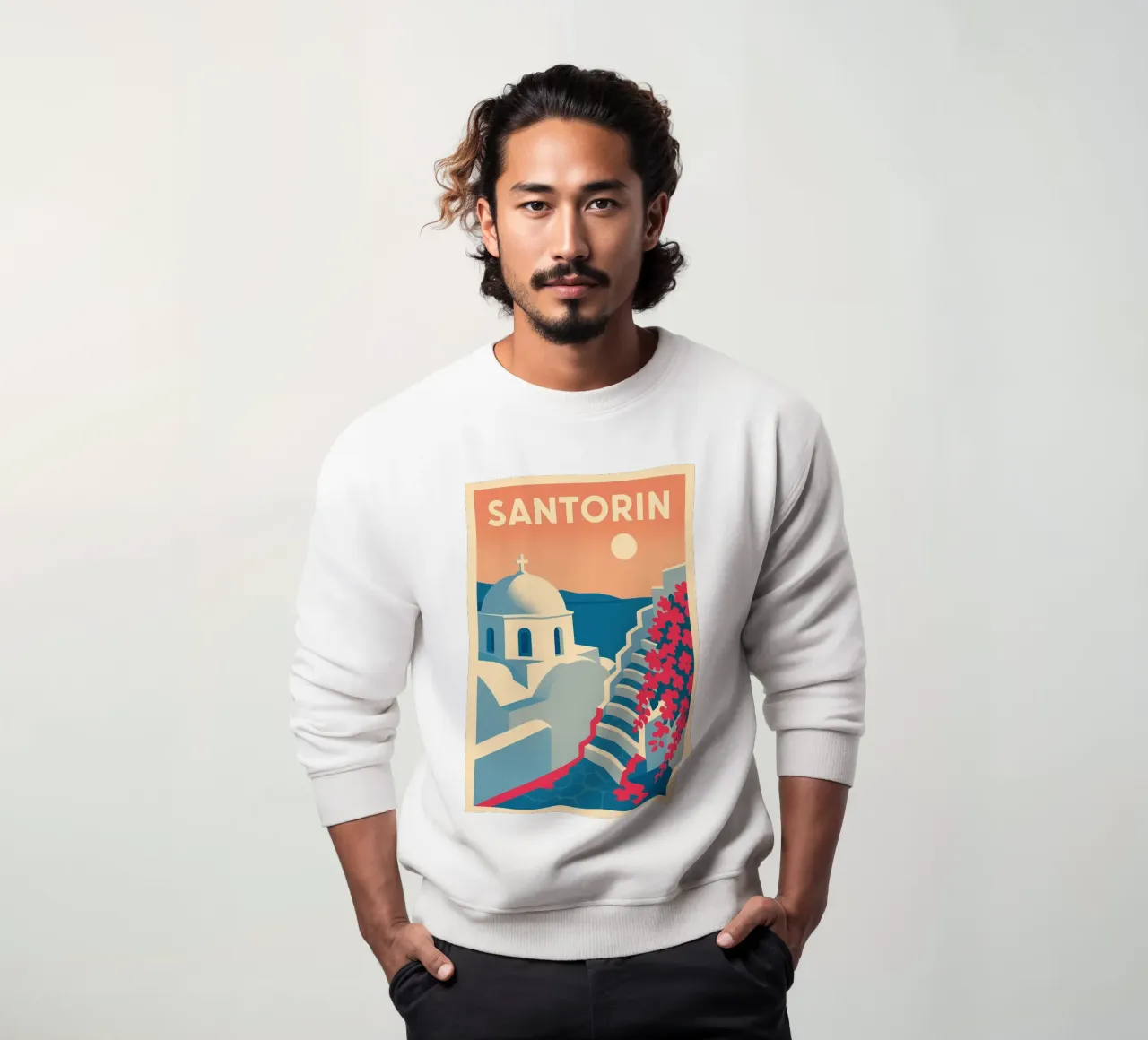 Poster di Santorini - Poster retrò di case bianche felpa da JETLAG | affiches voyage