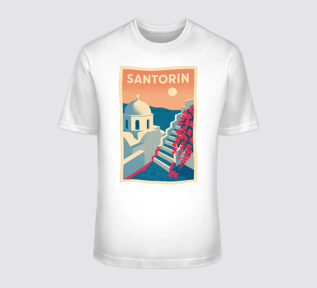Poster di Santorini - Poster retrò di case bianche t-shirt da JETLAG | affiches voyage