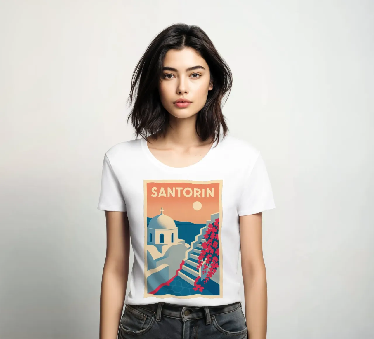 Poster di Santorini - Poster retrò di case bianche t-shirt da donna da JETLAG | affiches voyage