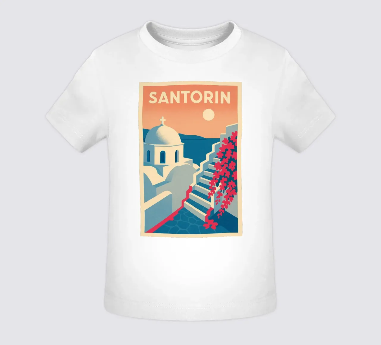 Poster di Santorini - Poster retrò di case bianche maglietta neonato da JETLAG | affiches voyage
