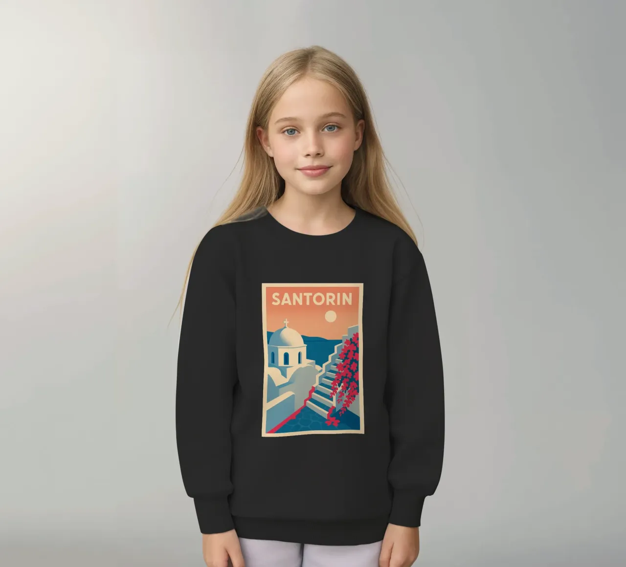 Poster di Santorini - Poster retrò di case bianche felpa bambino da JETLAG | affiches voyage