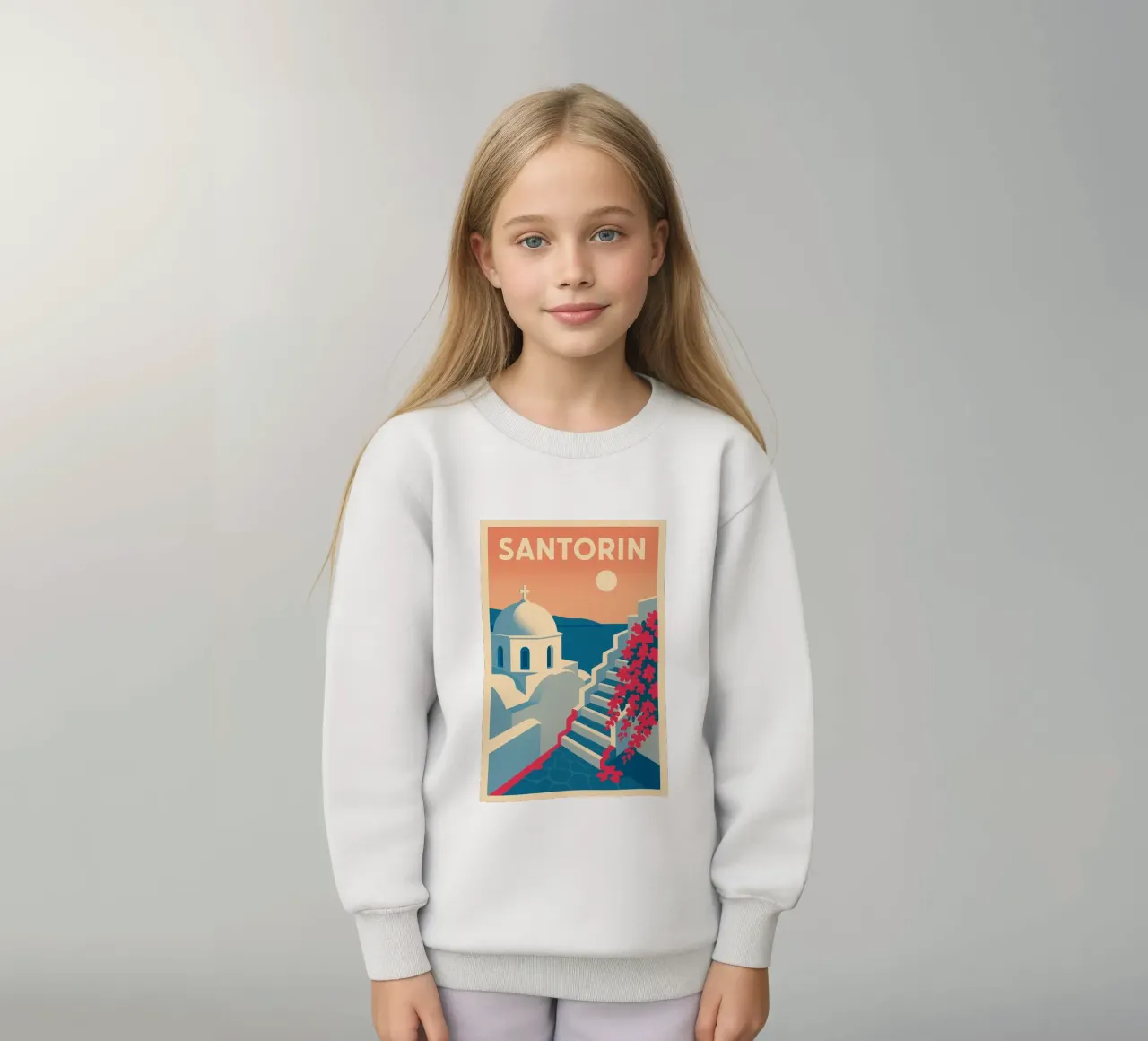 Poster di Santorini - Poster retrò di case bianche felpa bambino da JETLAG | affiches voyage