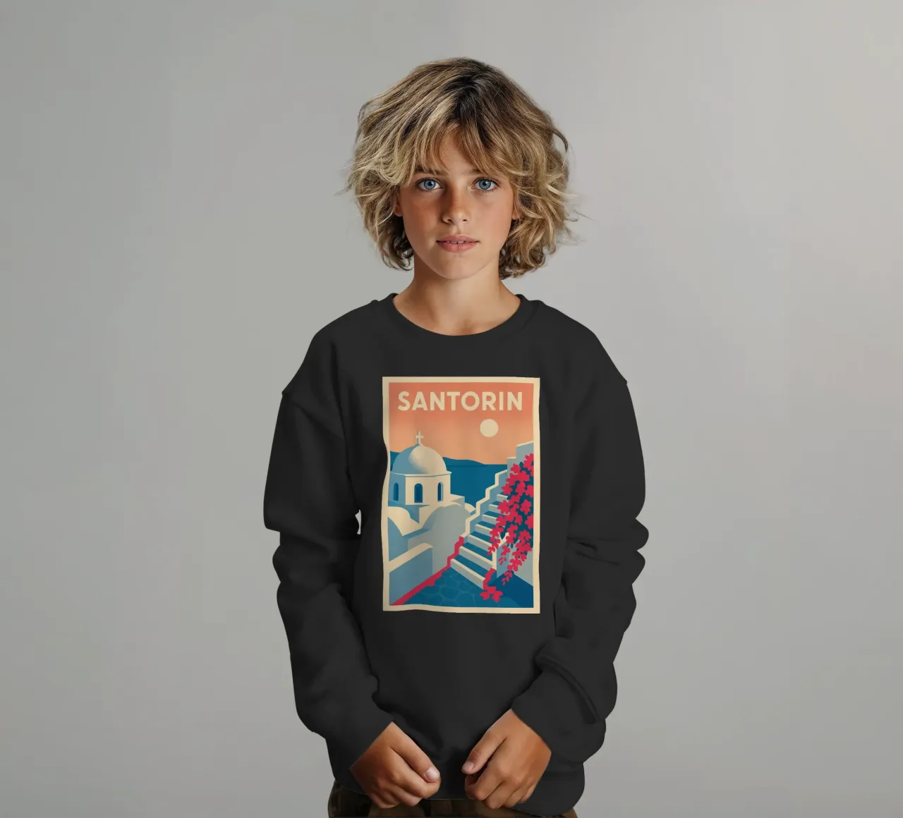 Poster di Santorini - Poster retrò di case bianche felpa bambino da JETLAG | affiches voyage