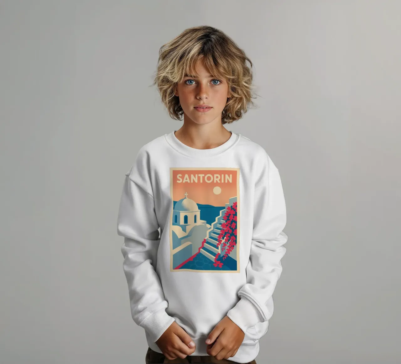Poster di Santorini - Poster retrò di case bianche felpa bambino da JETLAG | affiches voyage