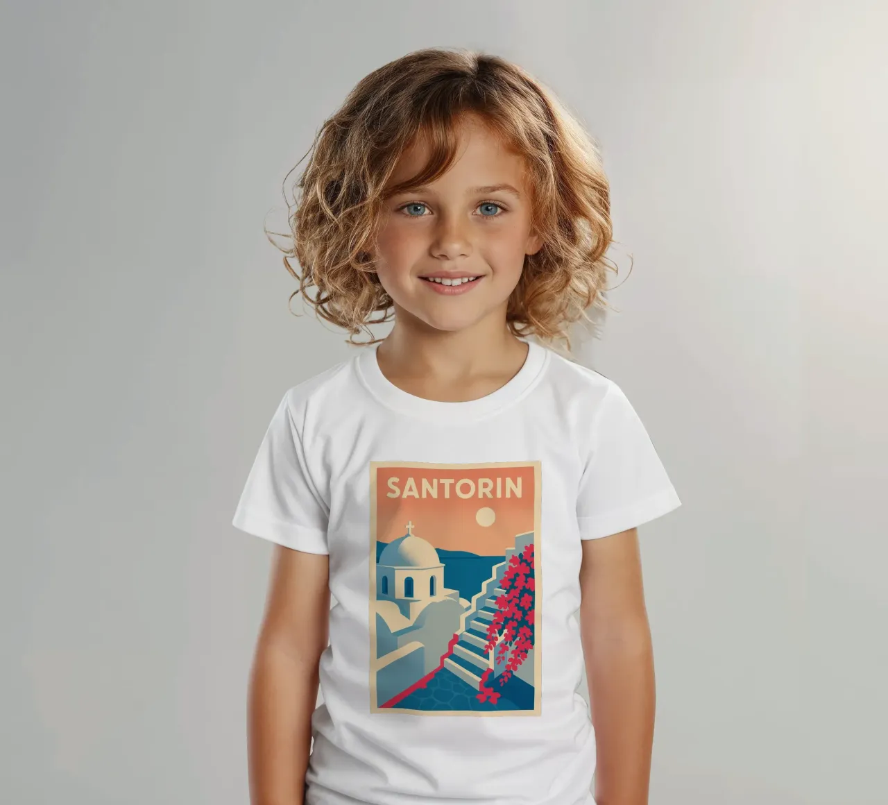 Poster di Santorini - Poster retrò di case bianche t-shirt bambini da JETLAG | affiches voyage