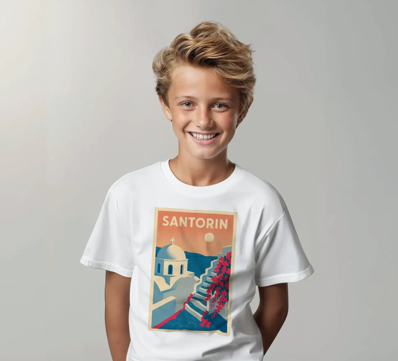 Poster di Santorini - Poster retrò di case bianche t-shirt bambini da JETLAG | affiches voyage