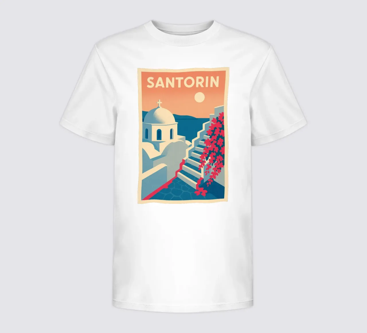 Poster di Santorini - Poster retrò di case bianche t-shirt bambini da JETLAG | affiches voyage