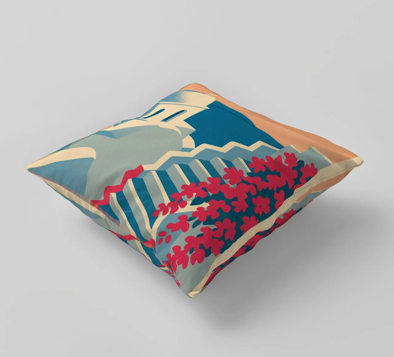 Poster di Santorini - Poster retrò di case bianche cuscino da JETLAG | affiches voyage