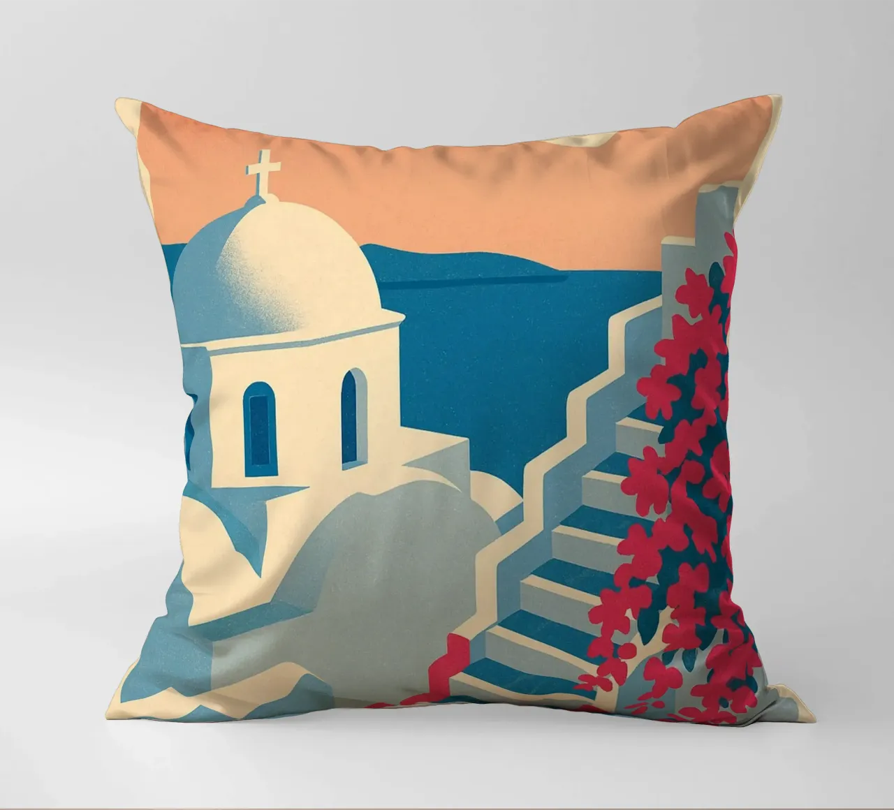 Poster di Santorini - Poster retrò di case bianche cuscino da JETLAG | affiches voyage