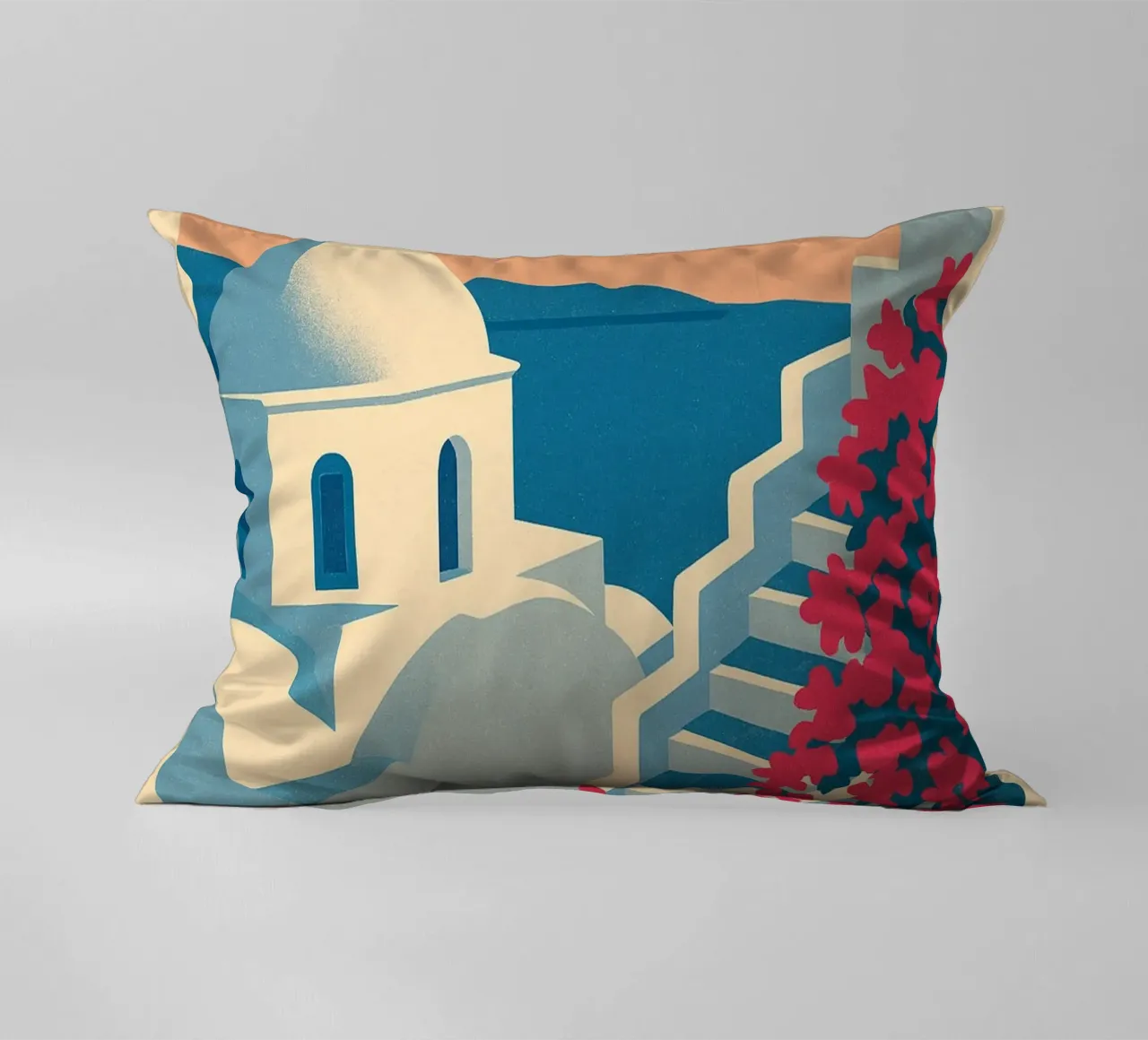 Poster di Santorini - Poster retrò di case bianche cuscino da JETLAG | affiches voyage