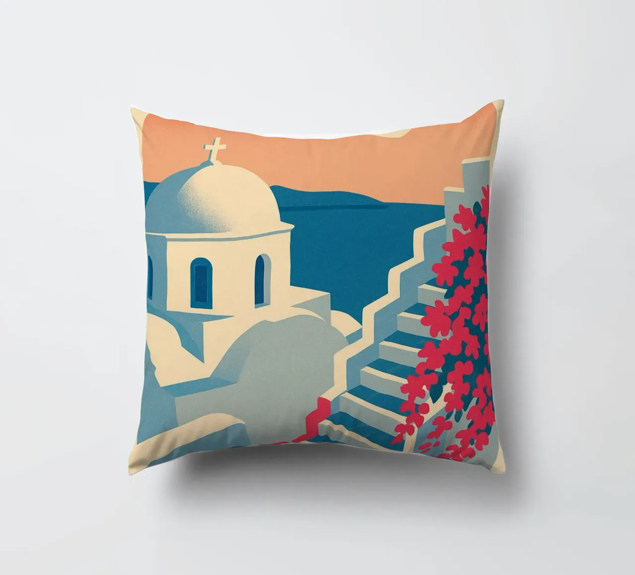 Poster di Santorini - Poster retrò di case bianche cuscino da JETLAG | affiches voyage