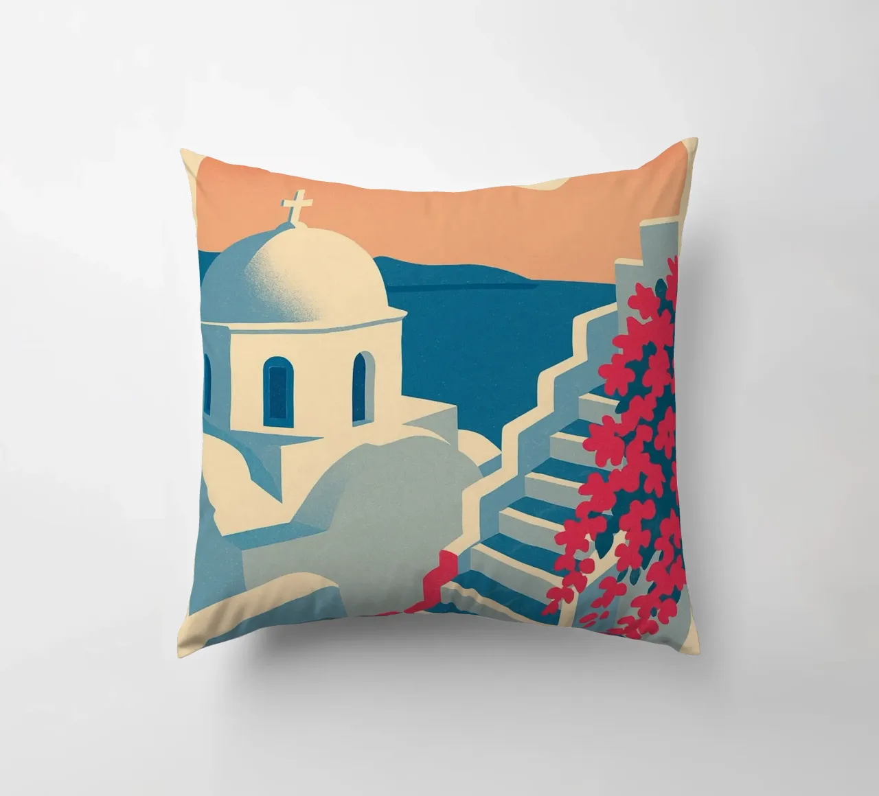 Poster di Santorini - Poster retrò di case bianche cuscino da JETLAG | affiches voyage