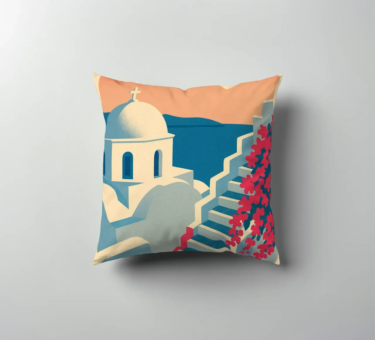 Poster di Santorini - Poster retrò di case bianche cuscino da JETLAG | affiches voyage