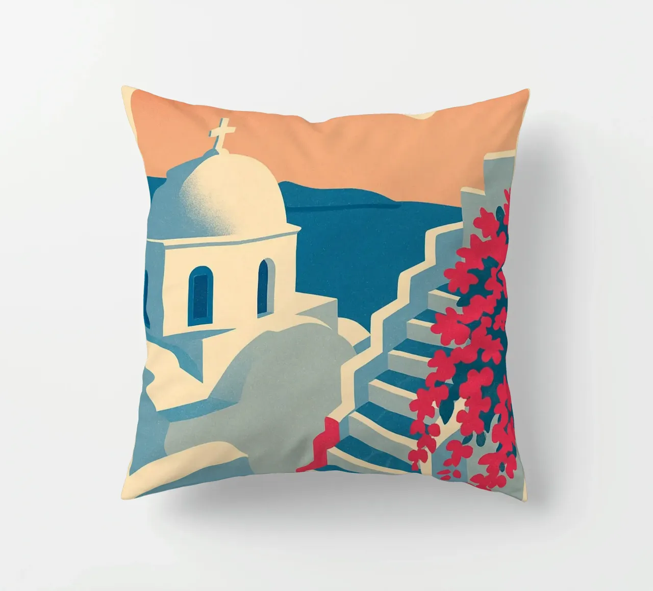 Poster di Santorini - Poster retrò di case bianche cuscino da JETLAG | affiches voyage