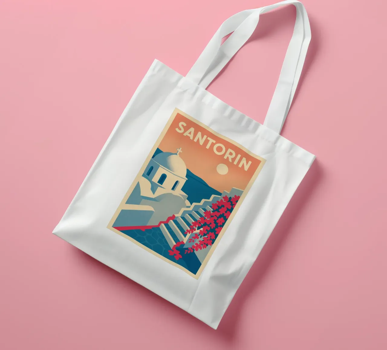 Poster di Santorini - Poster retrò di case bianche borsa in juta da JETLAG | affiches voyage