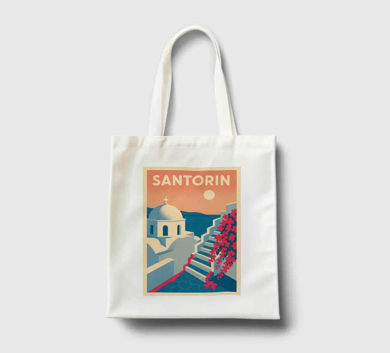 Poster di Santorini - Poster retrò di case bianche borsa in juta da JETLAG | affiches voyage