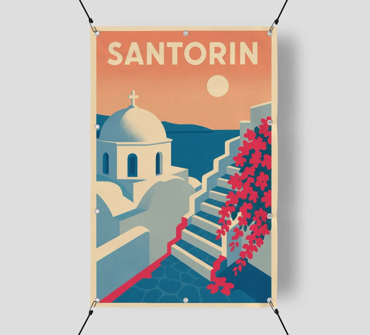 Poster di Santorini - Poster retrò di case bianche telo in pvc da JETLAG | affiches voyage