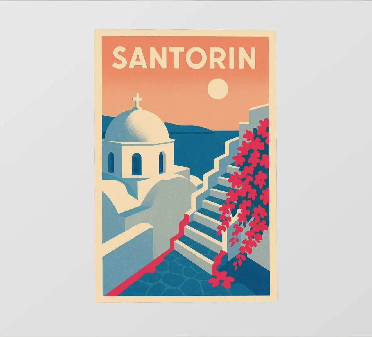 Poster di Santorini - Poster retrò di case bianche telo in pvc da JETLAG | affiches voyage