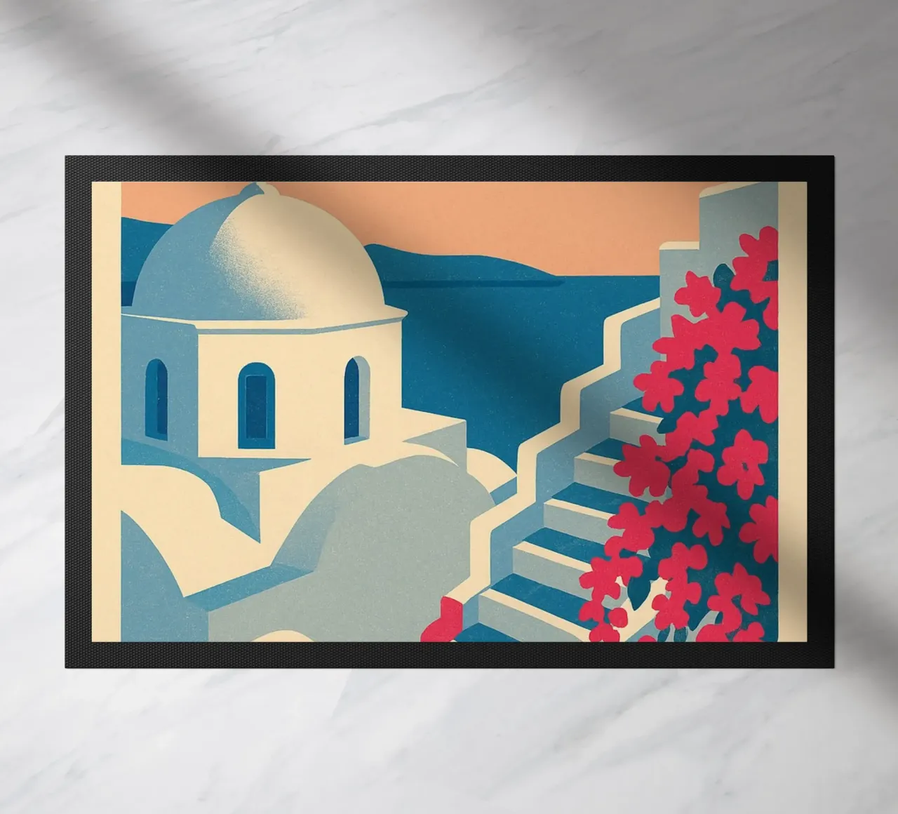 Poster di Santorini - Poster retrò di case bianche zerbino da JETLAG | affiches voyage