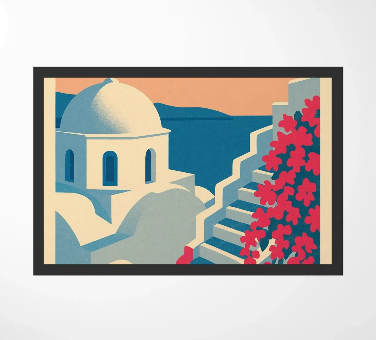 Poster di Santorini - Poster retrò di case bianche zerbino da JETLAG | affiches voyage
