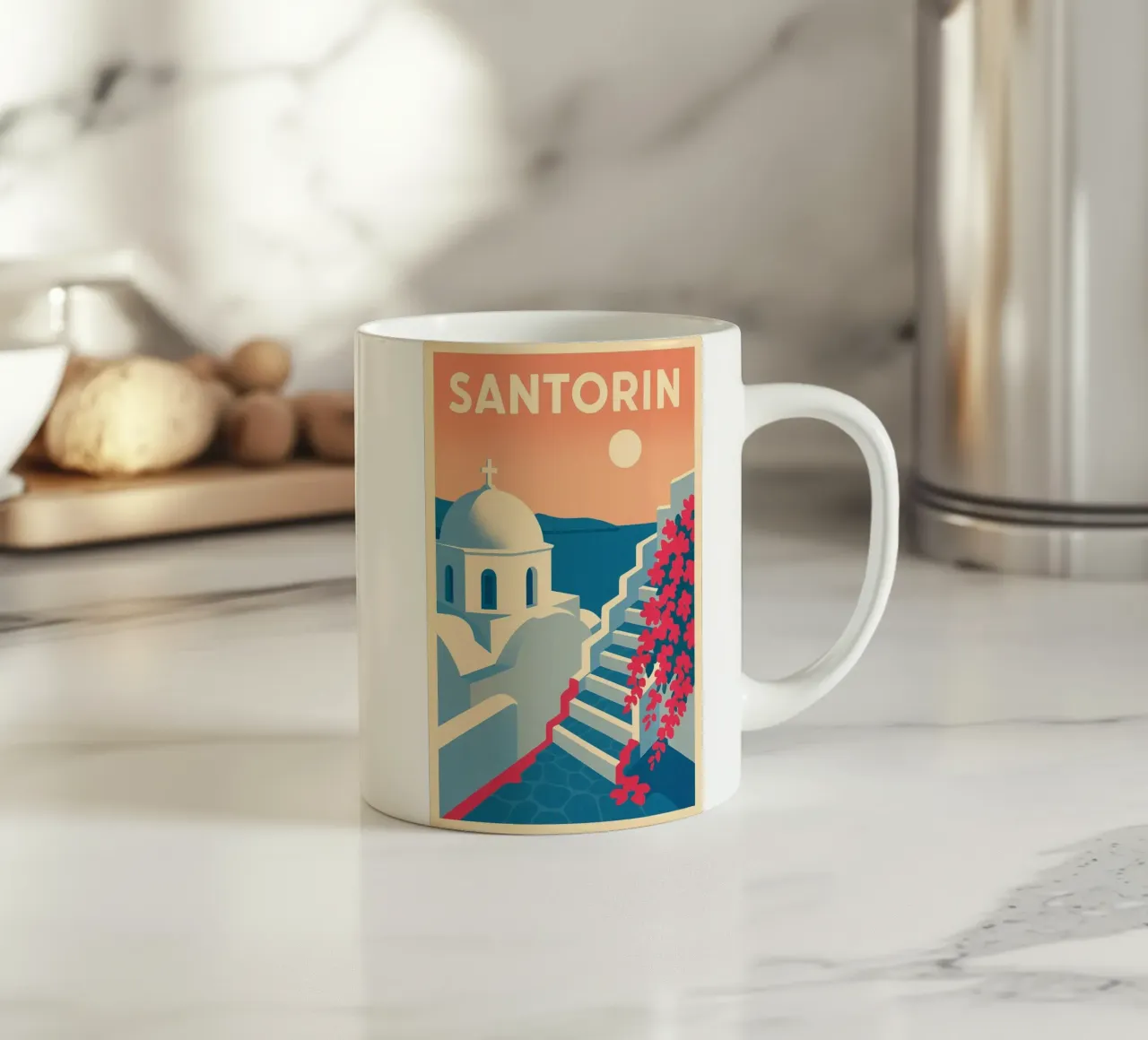 Poster di Santorini - Poster retrò di case bianche tazza in ceramica da JETLAG | affiches voyage