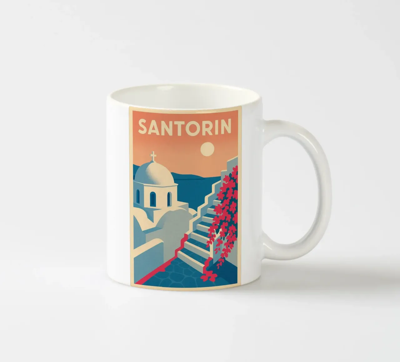 Poster di Santorini - Poster retrò di case bianche tazza in ceramica da JETLAG | affiches voyage