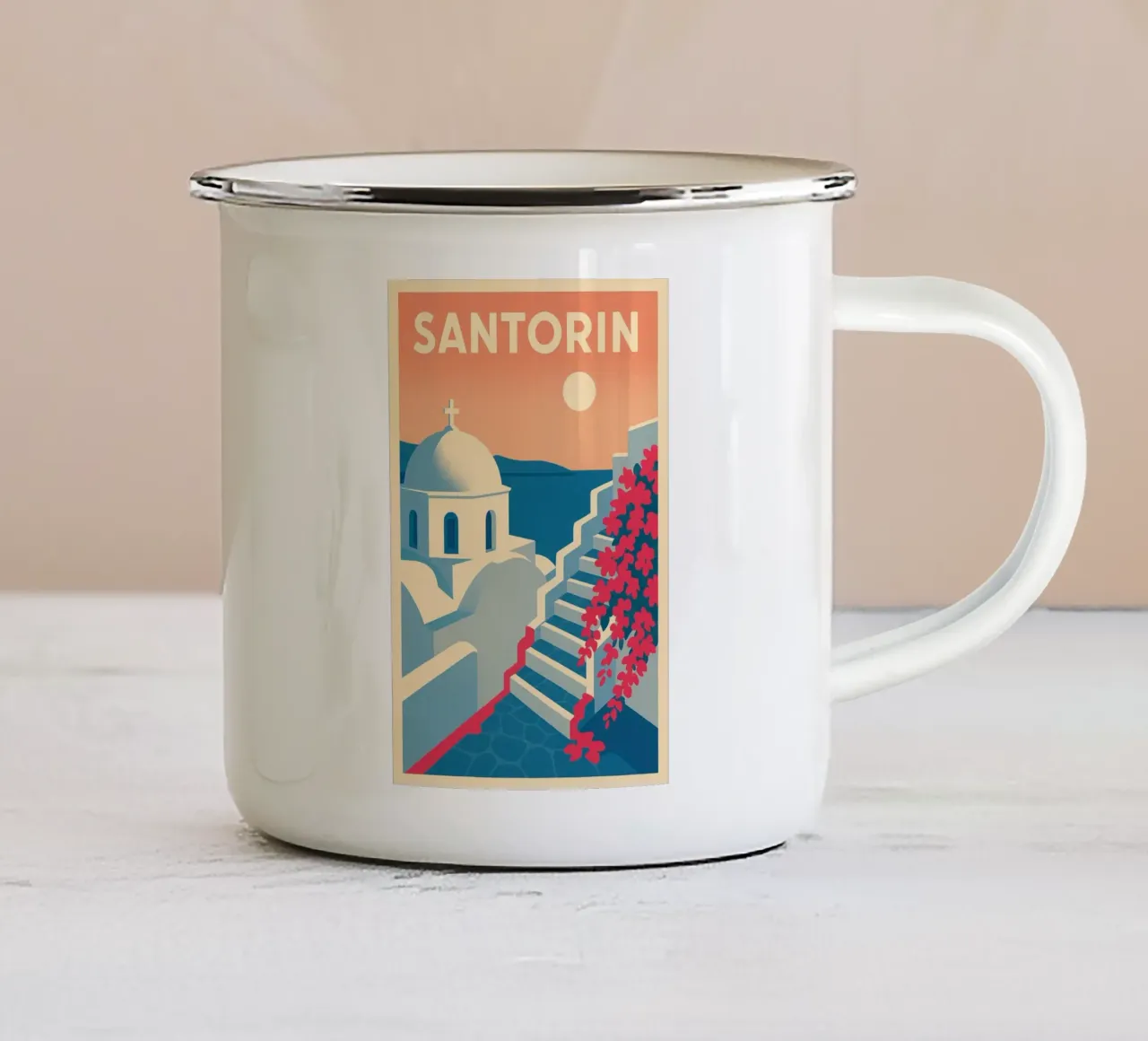 Poster di Santorini - Poster retrò di case bianche tazza in smalto da JETLAG | affiches voyage