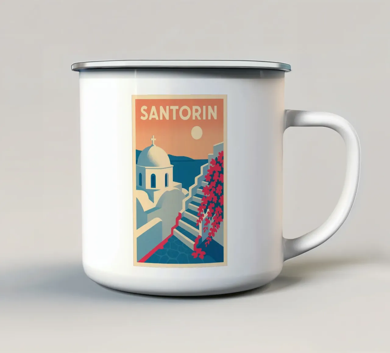 Poster di Santorini - Poster retrò di case bianche tazza in smalto da JETLAG | affiches voyage