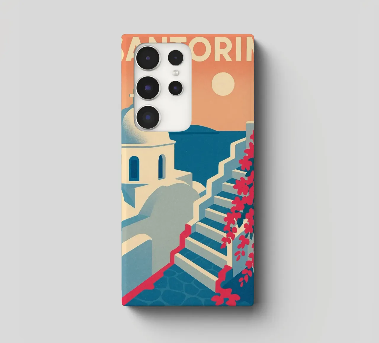 Poster di Santorini - Poster retrò di case bianche cover samsung da JETLAG | affiches voyage