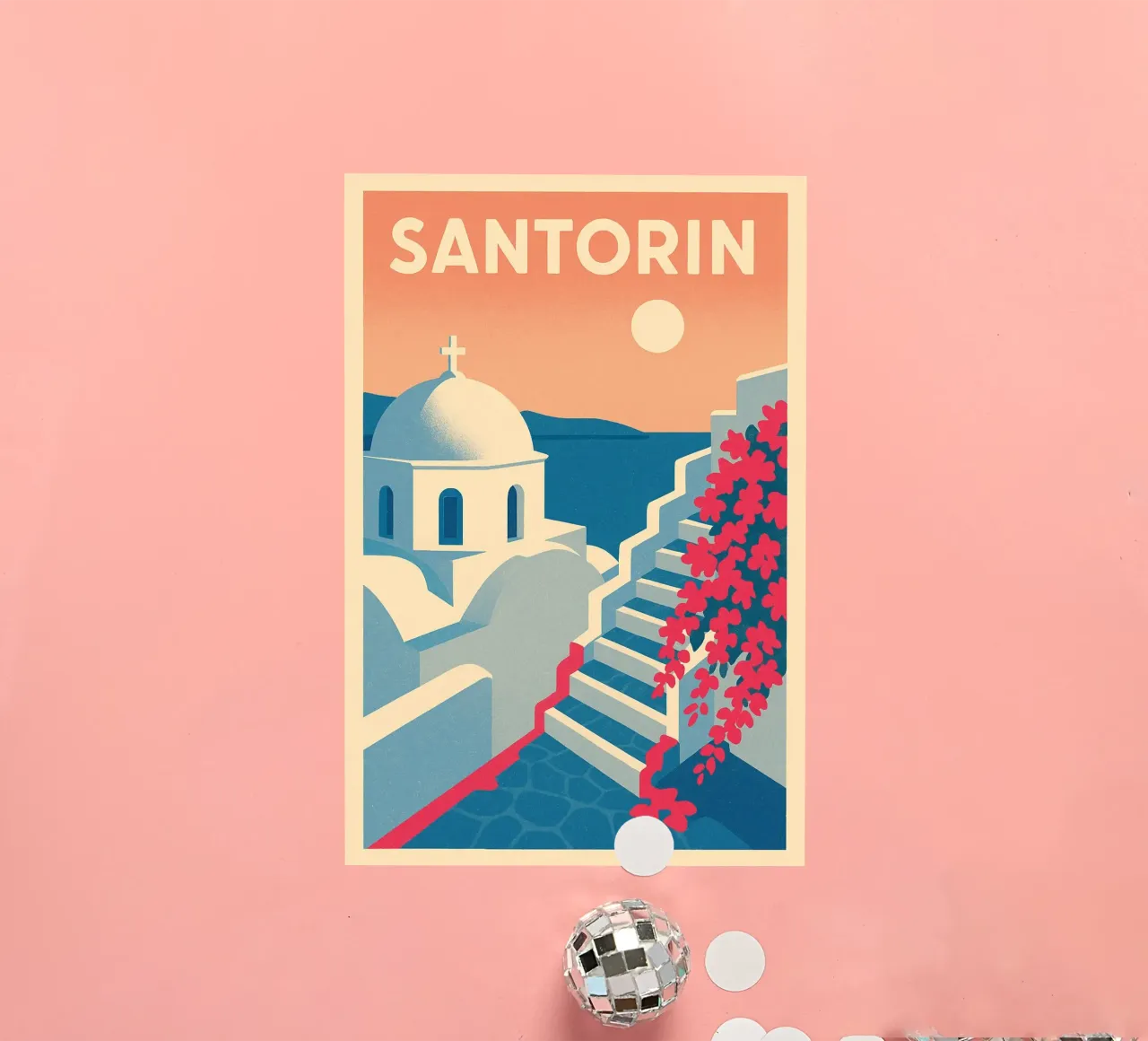 Poster di Santorini - Poster retrò di case bianche adesivo da JETLAG | affiches voyage