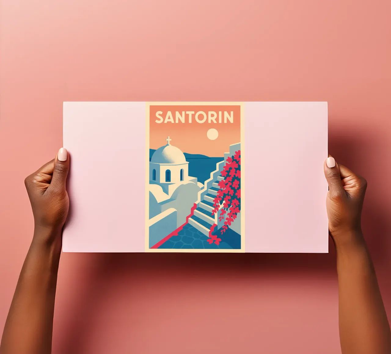 Poster di Santorini - Poster retrò di case bianche foglio adesivo da JETLAG | affiches voyage