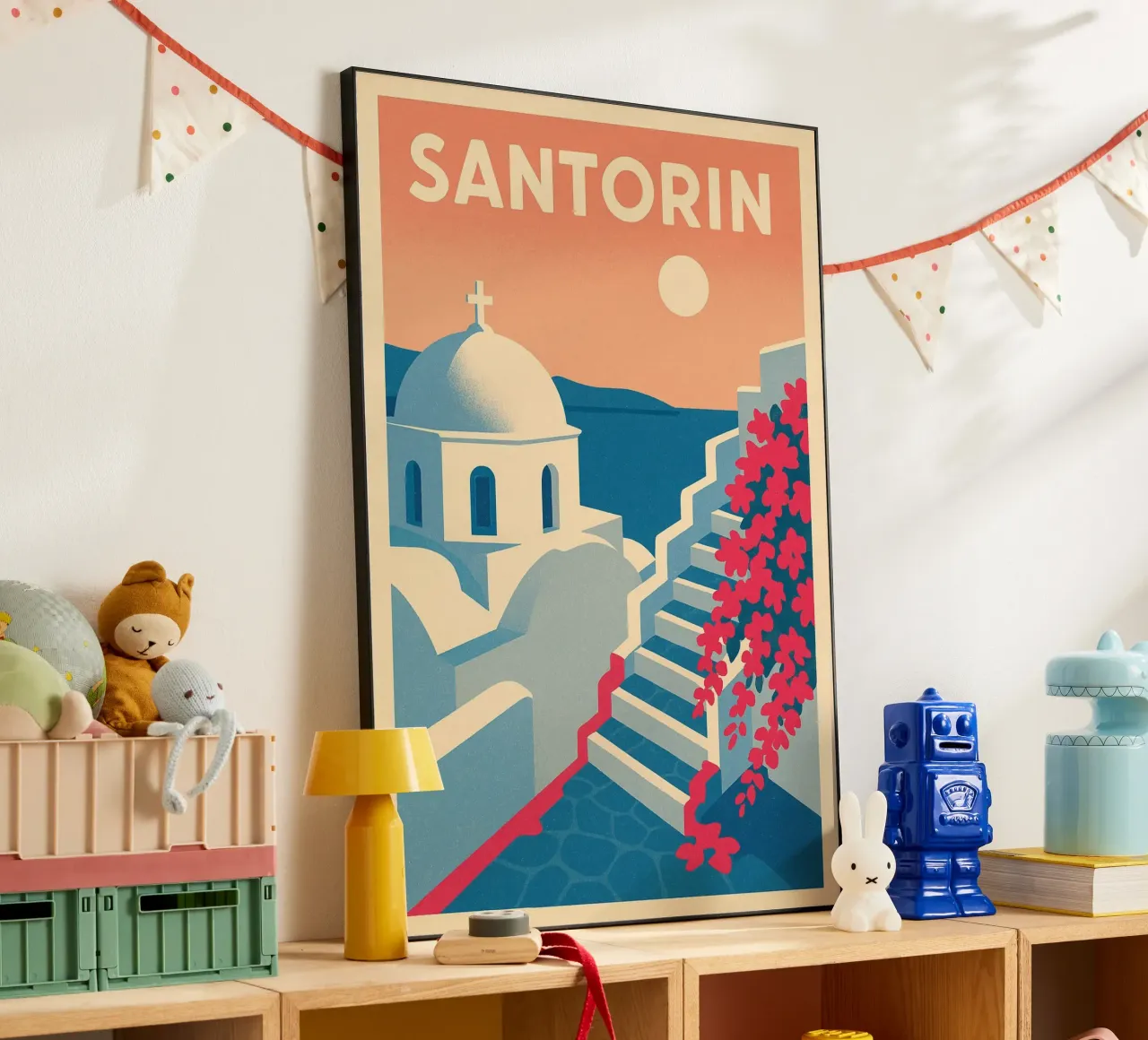 Poster di Santorini - Poster retrò di case bianche alluminio dibond da JETLAG | affiches voyage